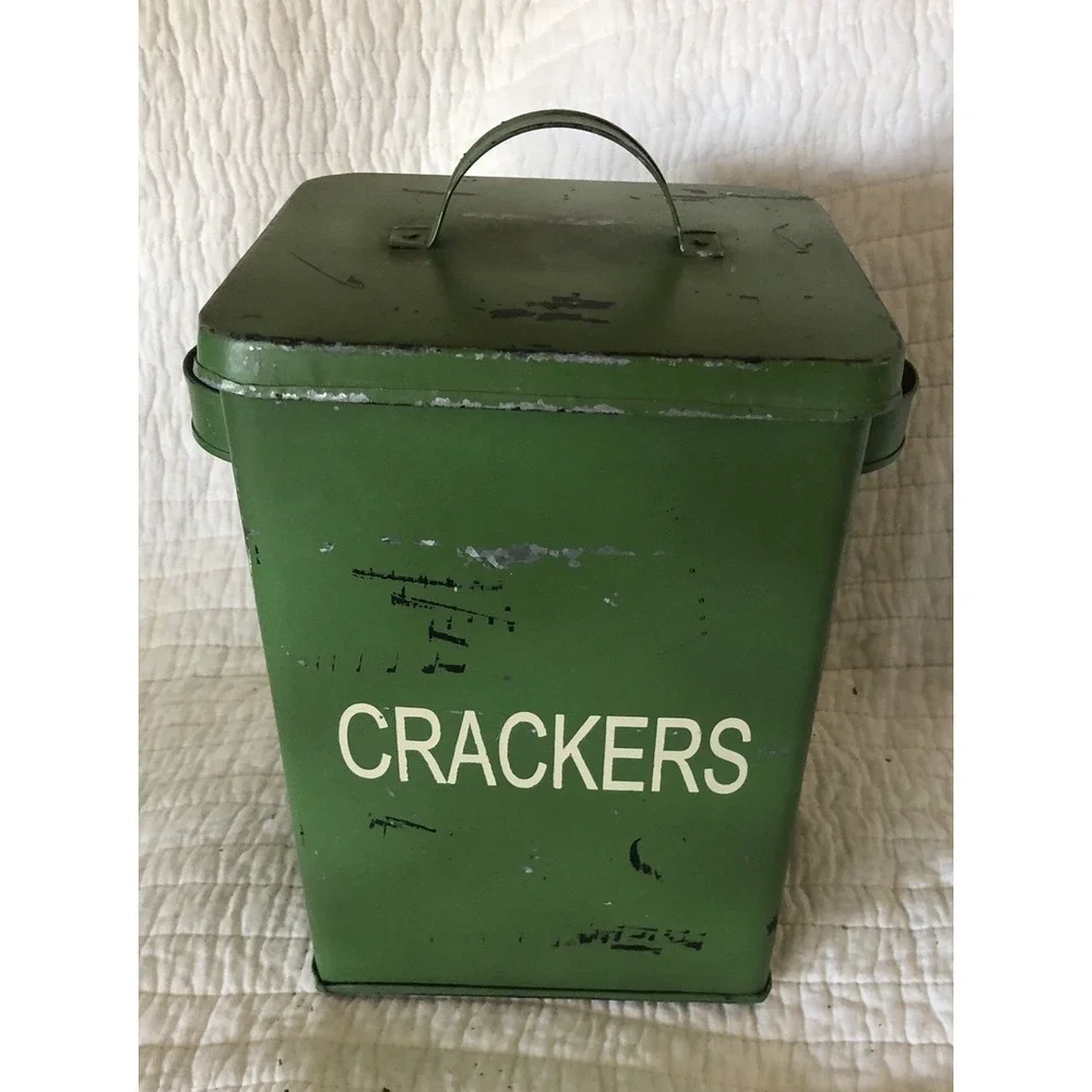 VTG Two's Company Green Metal Canisters Bread, Crackers & Biscuits Farmhouse